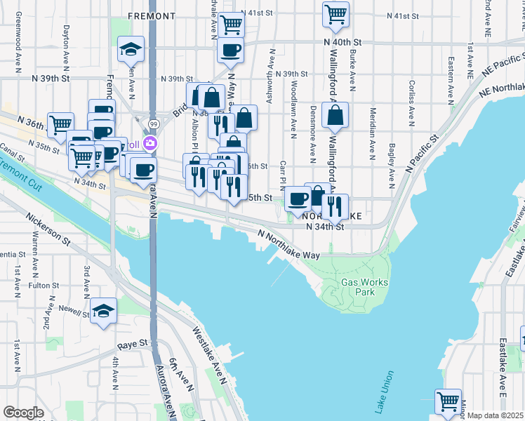map of restaurants, bars, coffee shops, grocery stores, and more near 1350 North 34th Street in Seattle