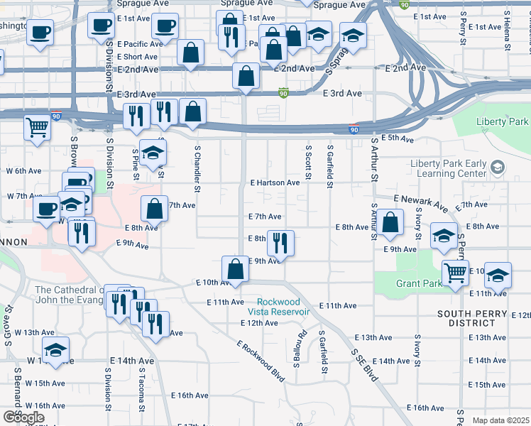 map of restaurants, bars, coffee shops, grocery stores, and more near 601 East 7th Avenue in Spokane