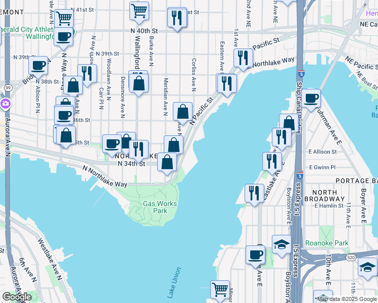 map of restaurants, bars, coffee shops, grocery stores, and more near 2157 North Northlake Way in Seattle