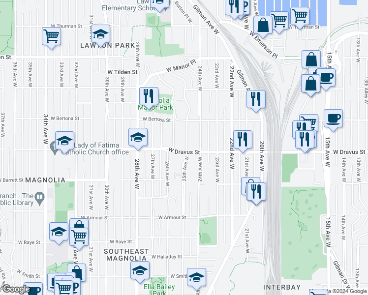 map of restaurants, bars, coffee shops, grocery stores, and more near 3205 25th Avenue West in Seattle