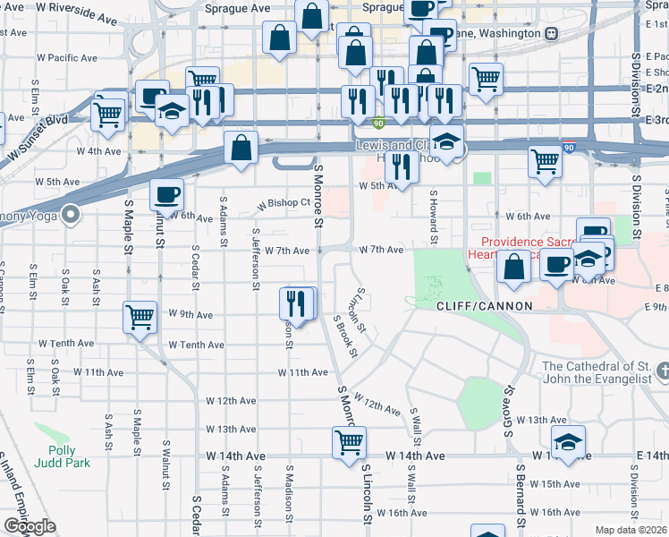 map of restaurants, bars, coffee shops, grocery stores, and more near 716 South Lincoln Place in Spokane