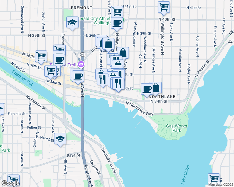 map of restaurants, bars, coffee shops, grocery stores, and more near 3400 Stone Way North in Seattle