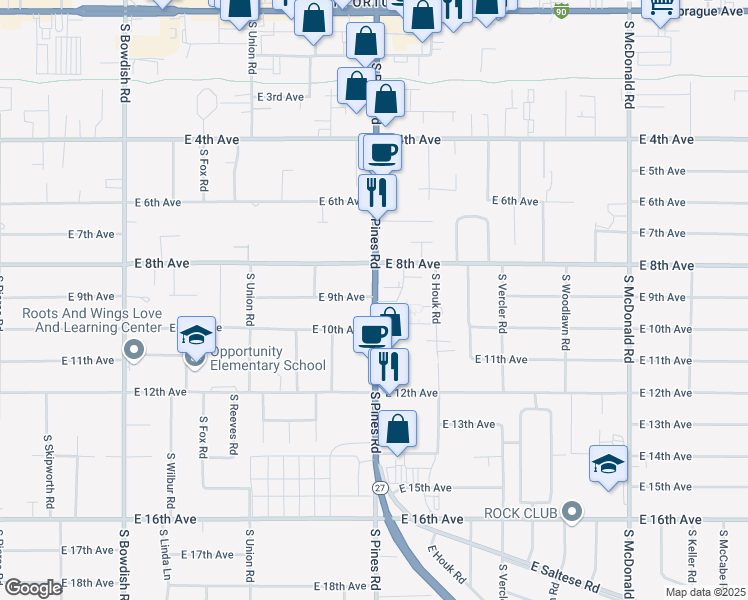 map of restaurants, bars, coffee shops, grocery stores, and more near 824 South Pines Road in Spokane Valley