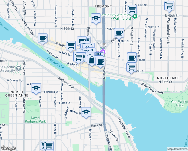 map of restaurants, bars, coffee shops, grocery stores, and more near 701 North 34th Street in Seattle