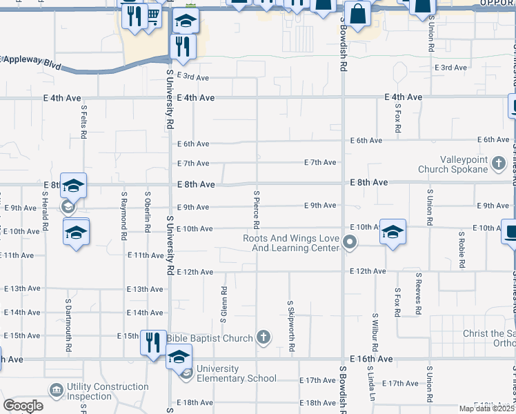 map of restaurants, bars, coffee shops, grocery stores, and more near 820 South Pierce Road in Spokane Valley