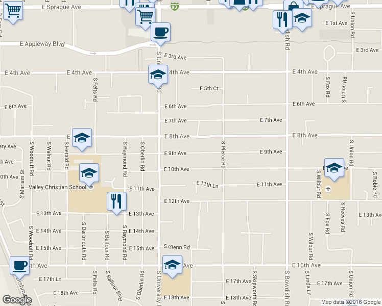 map of restaurants, bars, coffee shops, grocery stores, and more near 10911 East 9th Avenue in Spokane Valley