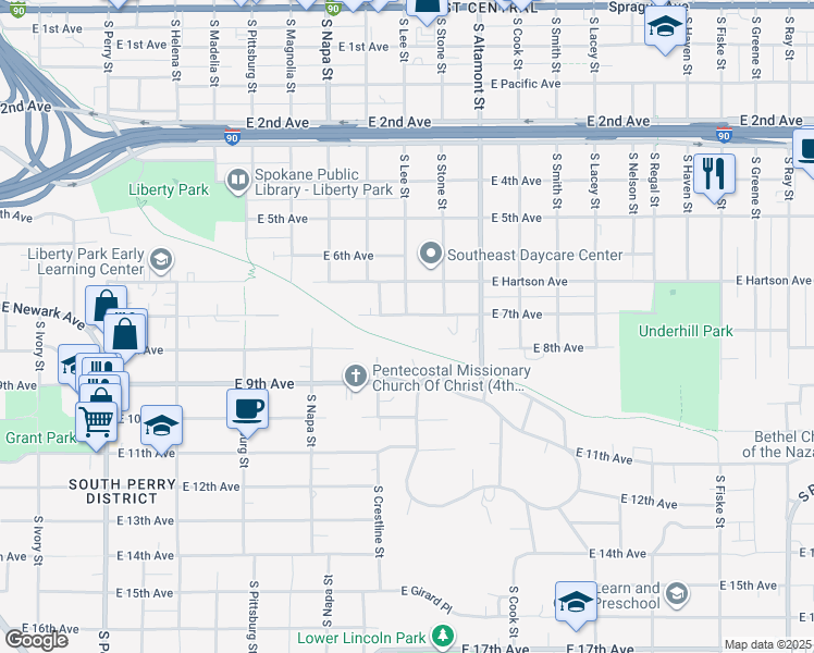 map of restaurants, bars, coffee shops, grocery stores, and more near 2130 East 7th Avenue in Spokane