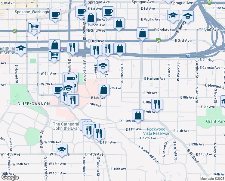 map of restaurants, bars, coffee shops, grocery stores, and more near 807 South Cowley Street in Spokane