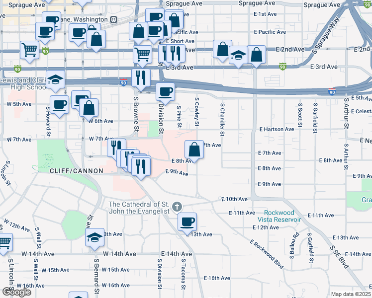 map of restaurants, bars, coffee shops, grocery stores, and more near 17 East 8th Avenue in Spokane