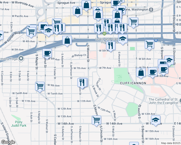 map of restaurants, bars, coffee shops, grocery stores, and more near 716 South Lincoln Place in Spokane