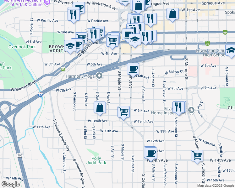 map of restaurants, bars, coffee shops, grocery stores, and more near 1617 West 7th Avenue in Spokane