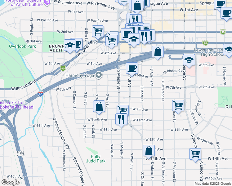 map of restaurants, bars, coffee shops, grocery stores, and more near 1617 West 7th Avenue in Spokane
