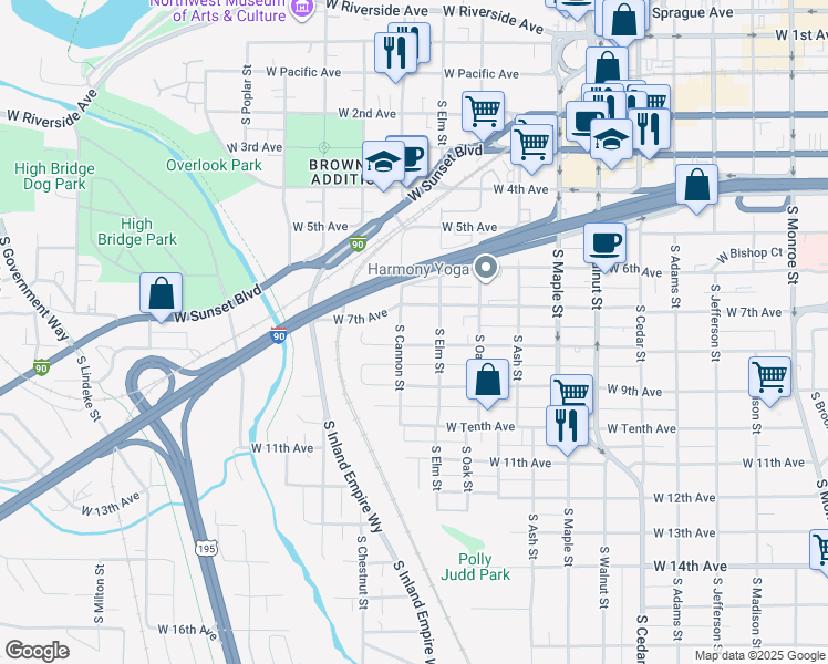 map of restaurants, bars, coffee shops, grocery stores, and more near 1951 West 7th Avenue in Spokane