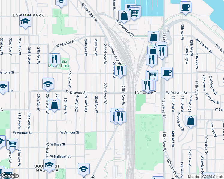 map of restaurants, bars, coffee shops, grocery stores, and more near 3217 21st Avenue West in Seattle