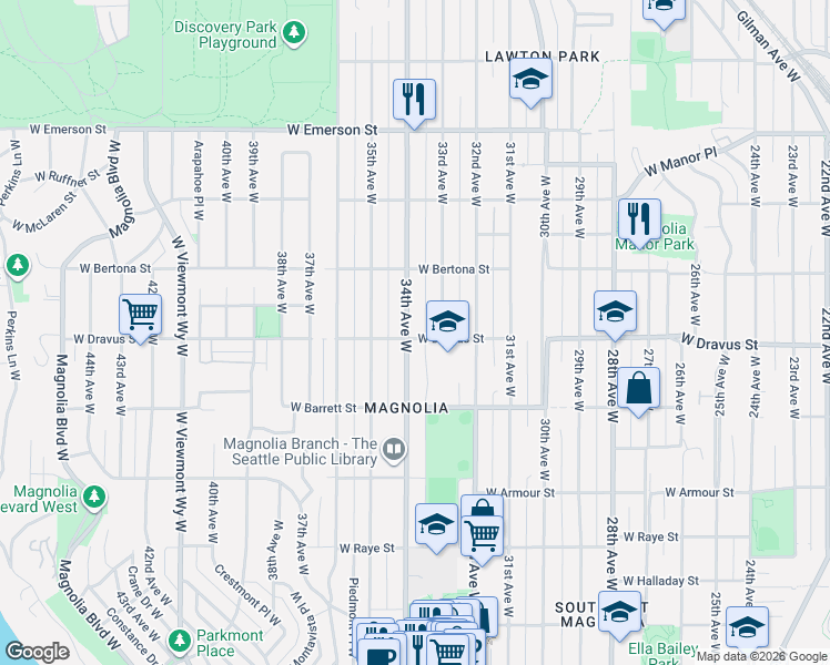 map of restaurants, bars, coffee shops, grocery stores, and more near 3209 33rd Avenue West in Seattle