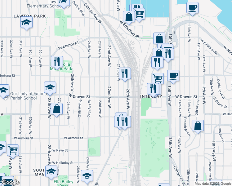 map of restaurants, bars, coffee shops, grocery stores, and more near 3207 21st Avenue West in Seattle