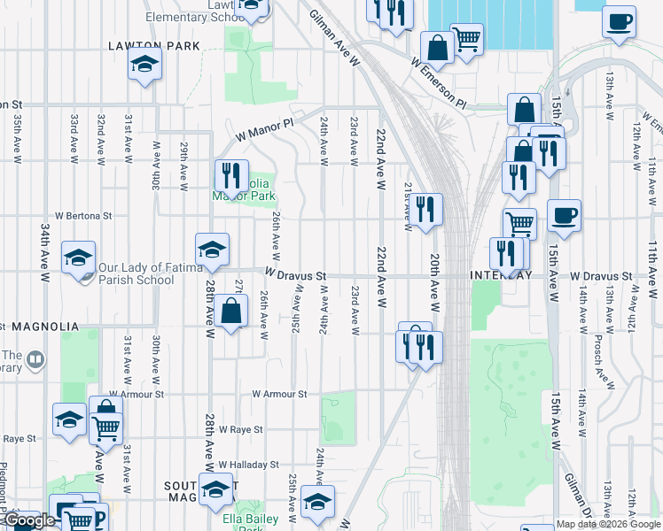 map of restaurants, bars, coffee shops, grocery stores, and more near 3211 23rd Avenue West in Seattle