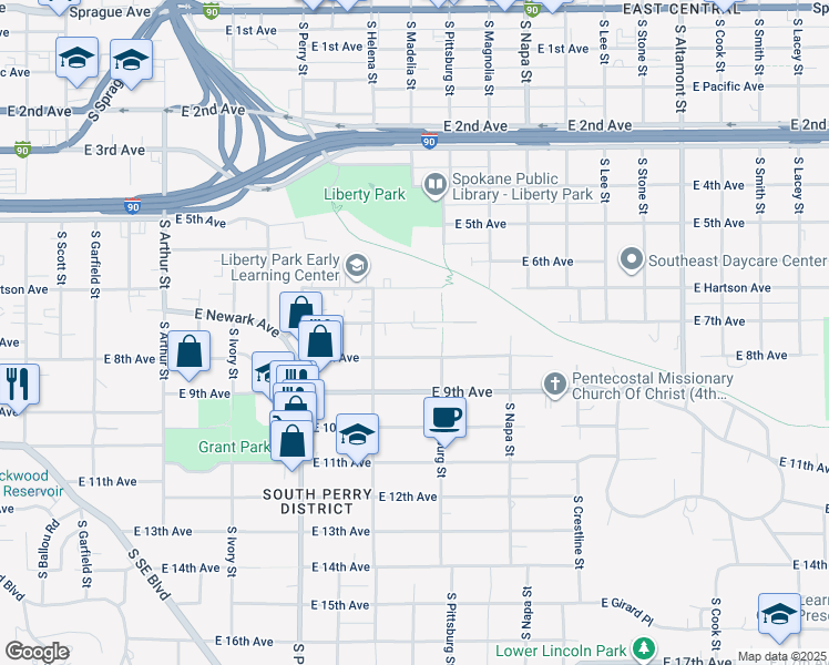 map of restaurants, bars, coffee shops, grocery stores, and more near 1708 East 7th Avenue in Spokane