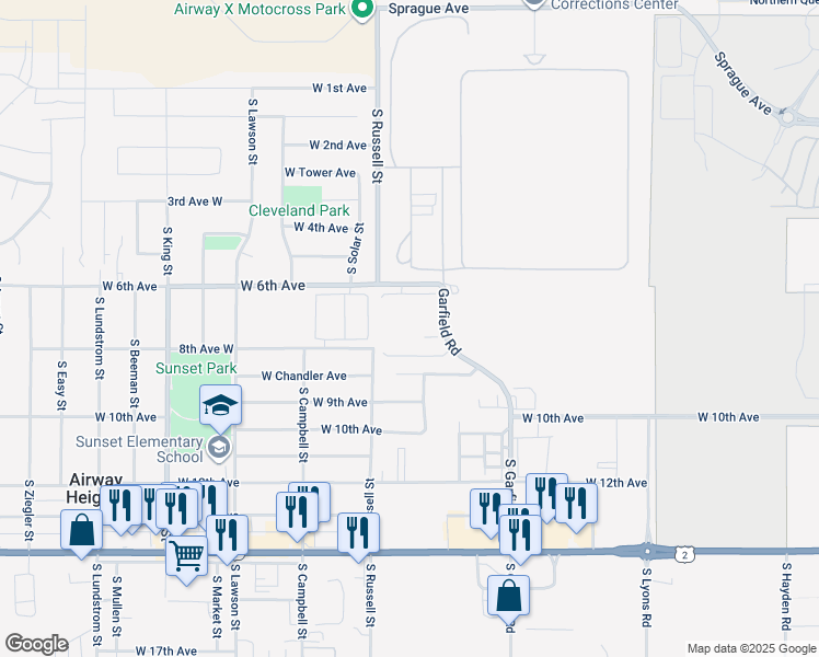 map of restaurants, bars, coffee shops, grocery stores, and more near 802 South Garfield Road in Airway Heights