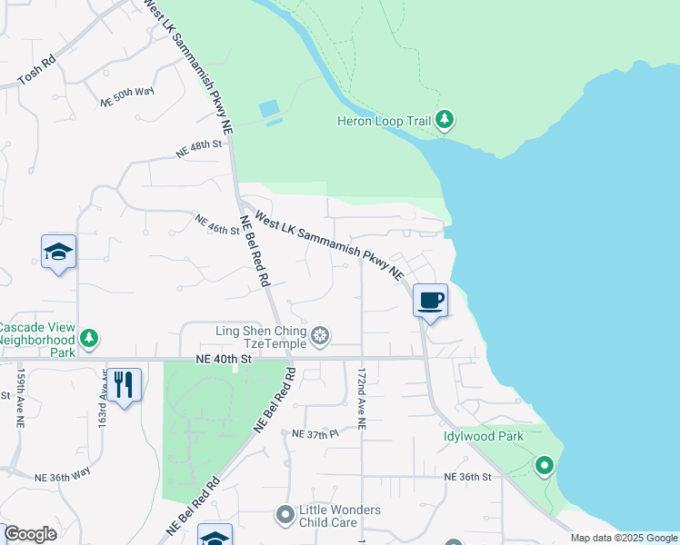 map of restaurants, bars, coffee shops, grocery stores, and more near 17105 Northeast 43rd Terrace in Redmond