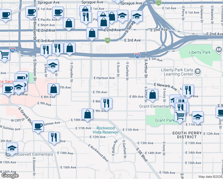 map of restaurants, bars, coffee shops, grocery stores, and more near 740 South Hatch Street in Spokane