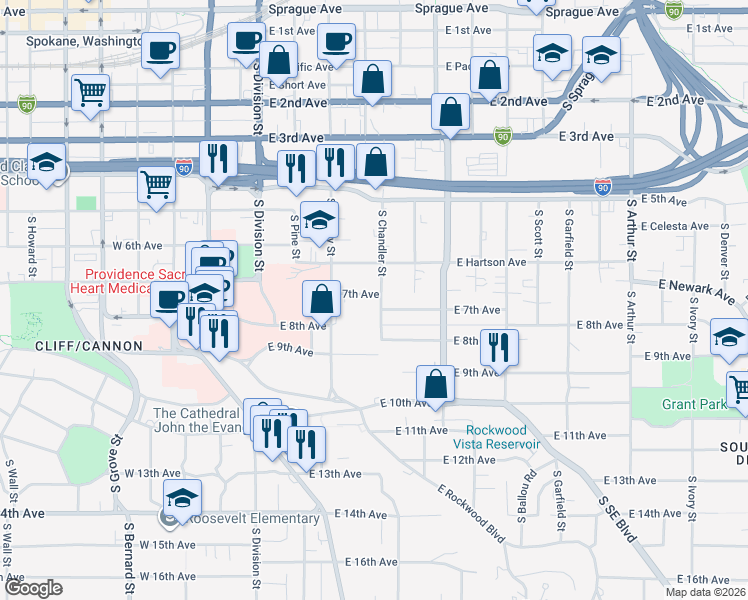 map of restaurants, bars, coffee shops, grocery stores, and more near 226 East 7th Avenue in Spokane