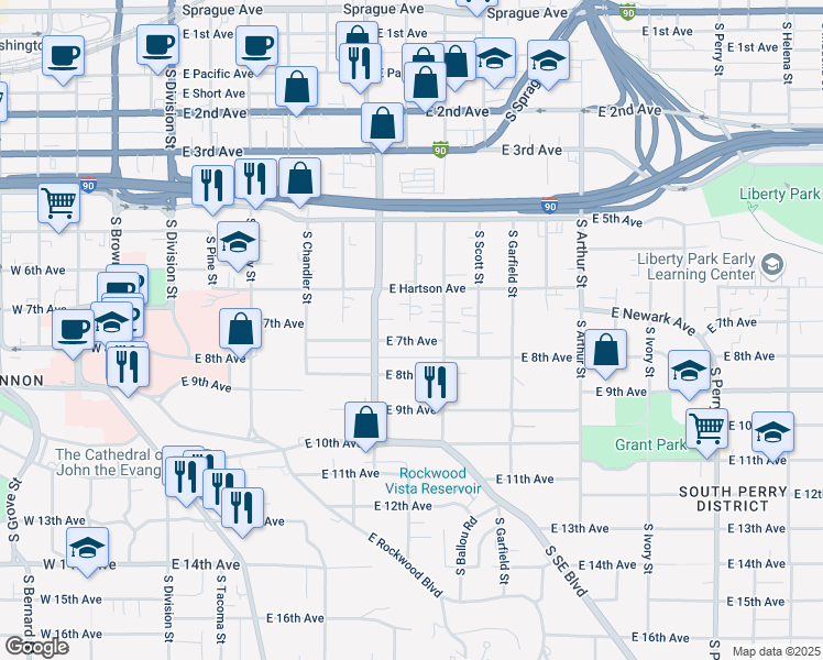 map of restaurants, bars, coffee shops, grocery stores, and more near 601 East 7th Avenue in Spokane