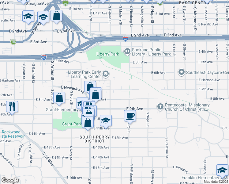 map of restaurants, bars, coffee shops, grocery stores, and more near 1612 East 7th Avenue in Spokane