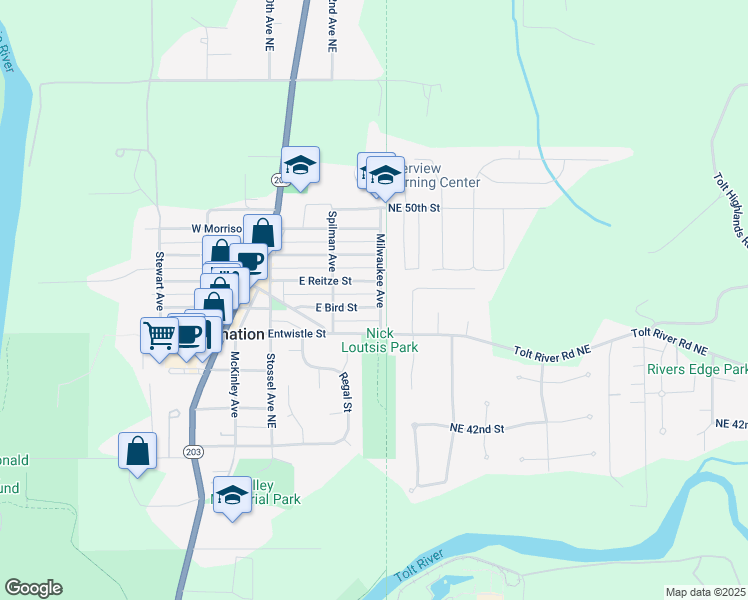map of restaurants, bars, coffee shops, grocery stores, and more near 32300 East Bird Street in Carnation