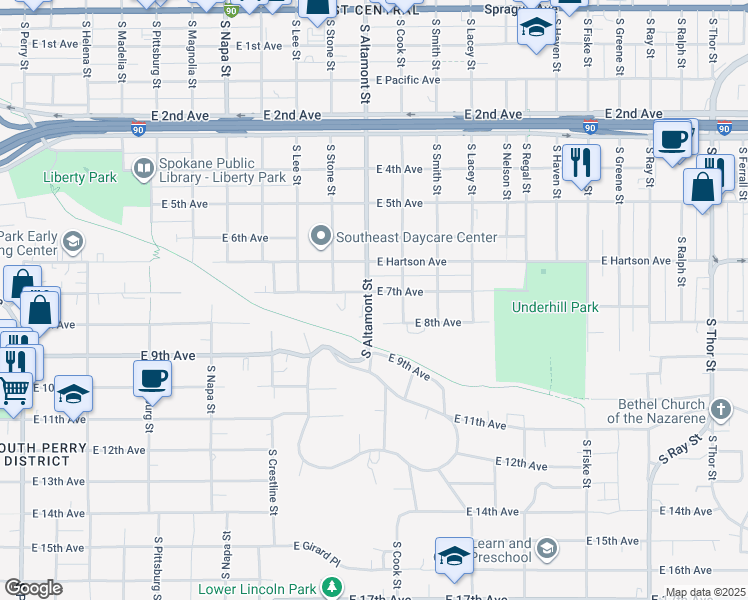 map of restaurants, bars, coffee shops, grocery stores, and more near 2404 E 7th Ave in Spokane