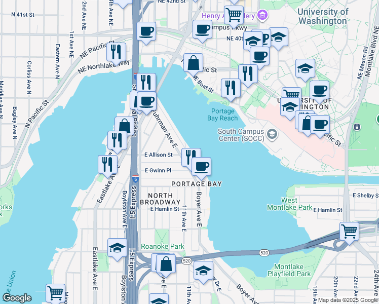 map of restaurants, bars, coffee shops, grocery stores, and more near 3100 Portage Bay Place East in Seattle