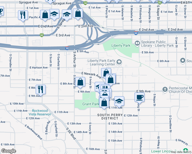 map of restaurants, bars, coffee shops, grocery stores, and more near 1220 East Newark Avenue in Spokane