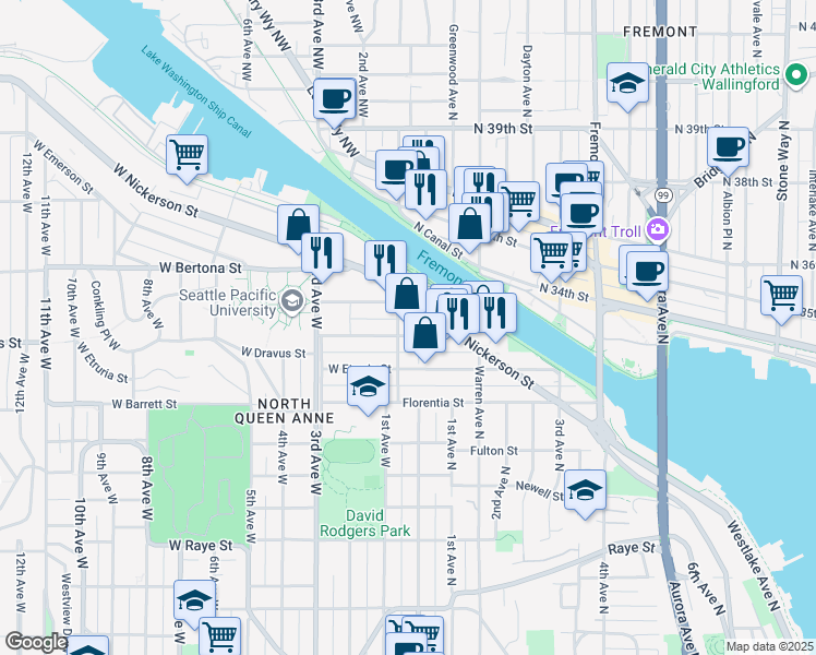 map of restaurants, bars, coffee shops, grocery stores, and more near in Seattle