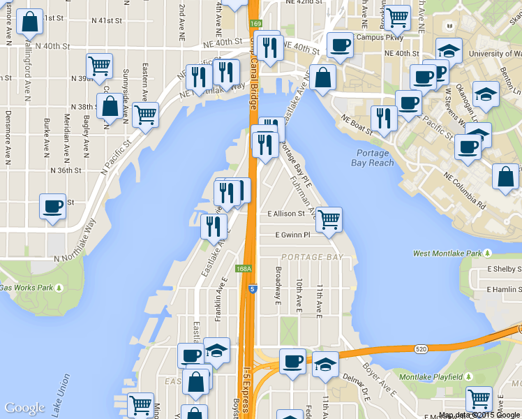 map of restaurants, bars, coffee shops, grocery stores, and more near 3104 Franklin Avenue East in Seattle
