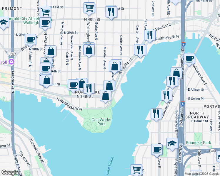 map of restaurants, bars, coffee shops, grocery stores, and more near 2121 North 35th Street in Seattle