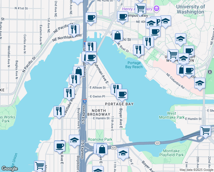 map of restaurants, bars, coffee shops, grocery stores, and more near 934 East Allison Street in Seattle