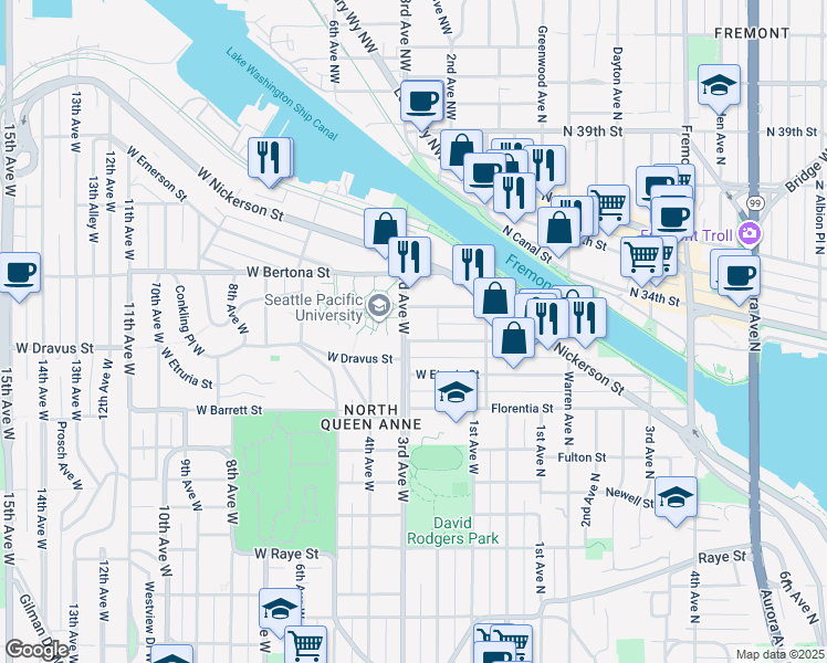 map of restaurants, bars, coffee shops, grocery stores, and more near in Seattle