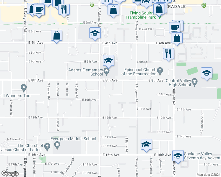 map of restaurants, bars, coffee shops, grocery stores, and more near 810 South Marigold Street in Spokane Valley