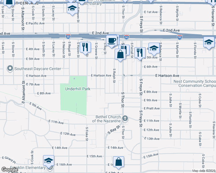 map of restaurants, bars, coffee shops, grocery stores, and more near 705 South Ray Street in Spokane