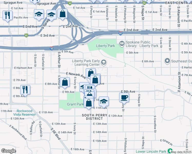 map of restaurants, bars, coffee shops, grocery stores, and more near 1444 East 7th Avenue in Spokane