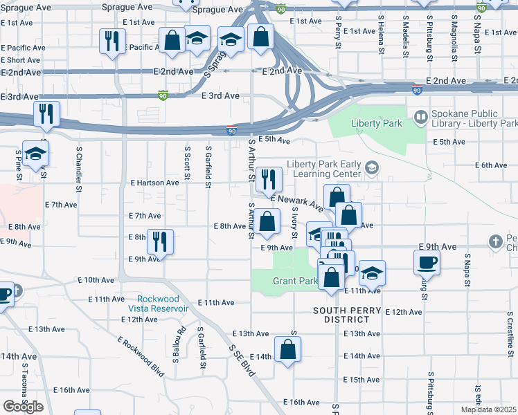 map of restaurants, bars, coffee shops, grocery stores, and more near 1020 East Newark Avenue in Spokane