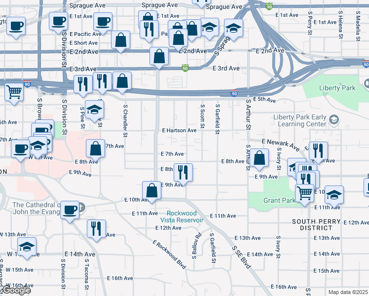 map of restaurants, bars, coffee shops, grocery stores, and more near 740 South Hatch Street in Spokane