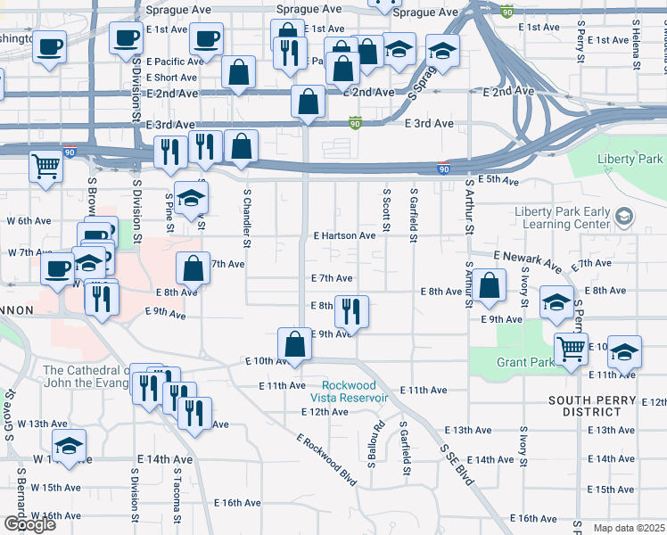 map of restaurants, bars, coffee shops, grocery stores, and more near 601 East 7th Avenue in Spokane