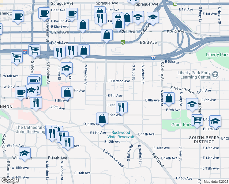 map of restaurants, bars, coffee shops, grocery stores, and more near 601 East 7th Avenue in Spokane