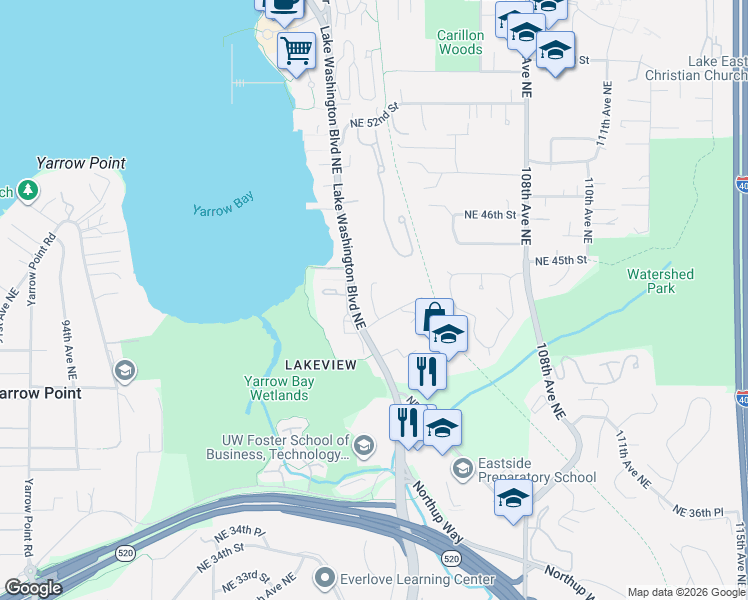 map of restaurants, bars, coffee shops, grocery stores, and more near 4400 Lake Washington Boulevard Northeast in Kirkland