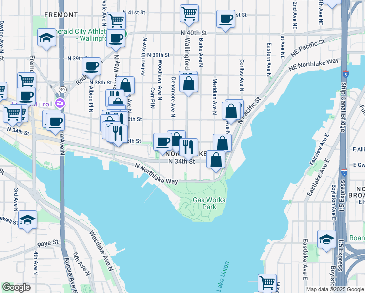 map of restaurants, bars, coffee shops, grocery stores, and more near 1709 North 35th Street in Seattle