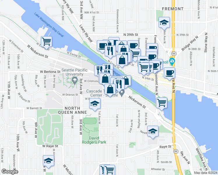 map of restaurants, bars, coffee shops, grocery stores, and more near 25 Nickerson Street in Seattle