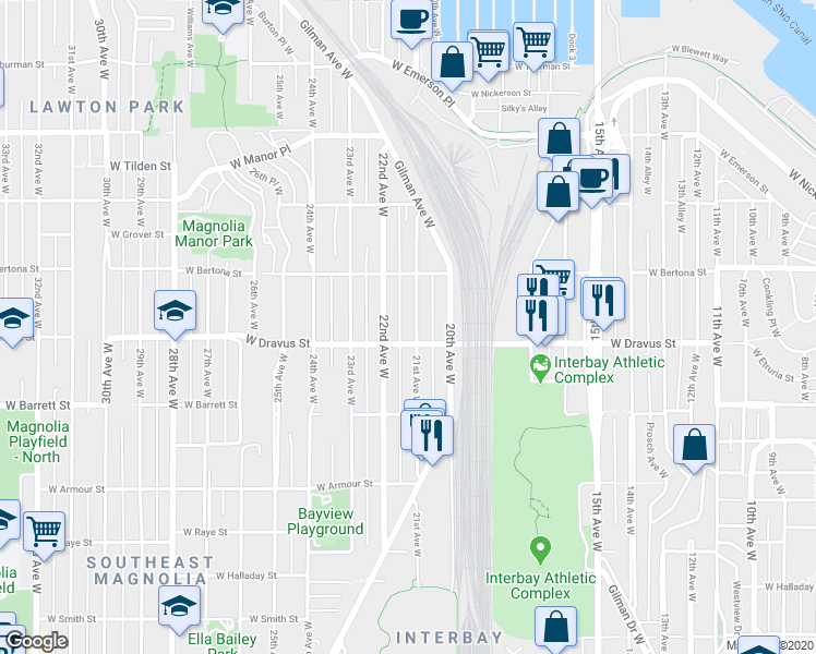 map of restaurants, bars, coffee shops, grocery stores, and more near 3217 21st Avenue West in Seattle