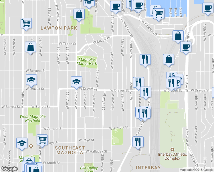 map of restaurants, bars, coffee shops, grocery stores, and more near 3213 24th Avenue West in Seattle