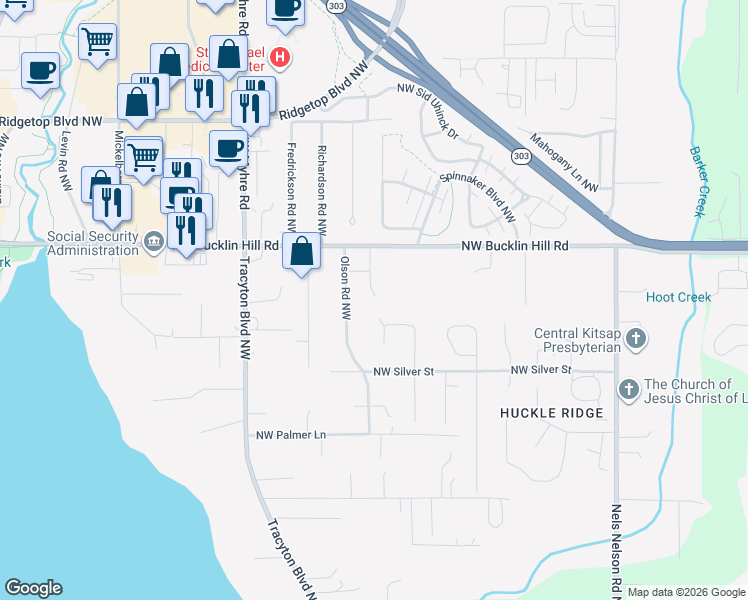 map of restaurants, bars, coffee shops, grocery stores, and more near 1579 Northwest Bucklin Hill Road in Bremerton